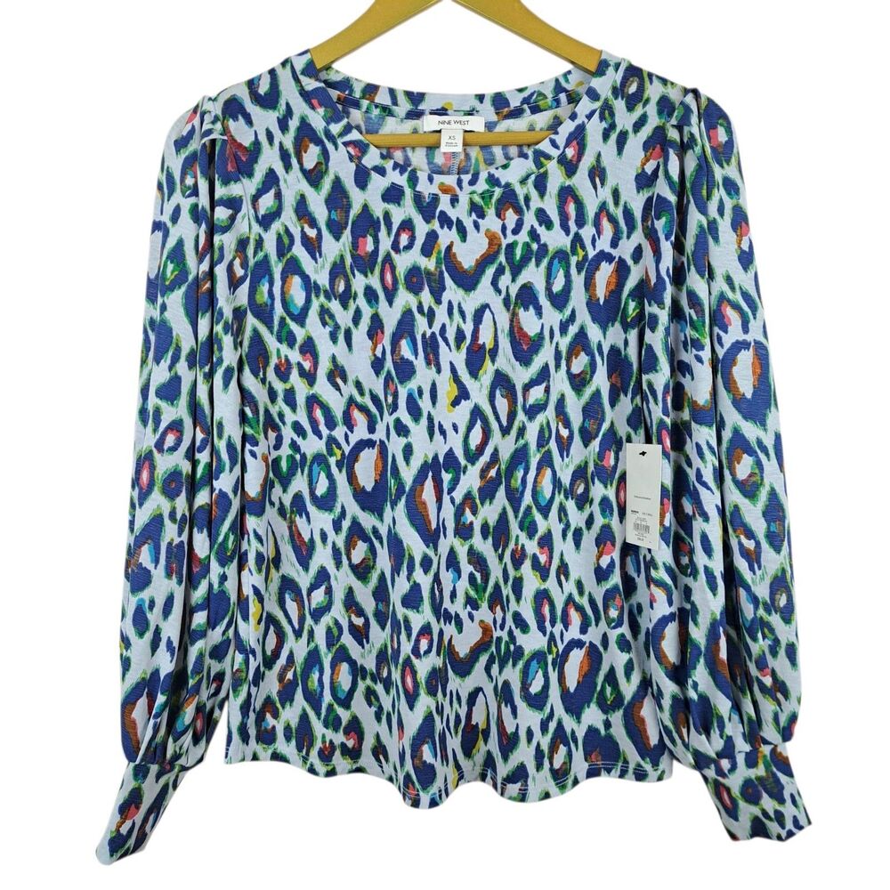 NEW Nine West Blouse Stretch Top Blue Leopard Size XS Balloon Sleeve